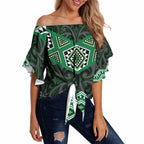 New Zealand Aotearoa Off Shoulder Wrap Waist Top Green Taniko Art Maori Pattern