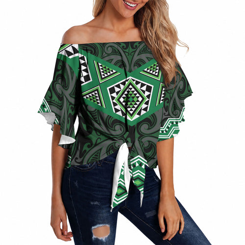 New Zealand Aotearoa Off Shoulder Wrap Waist Top Green Taniko Art Maori Pattern