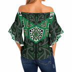 New Zealand Aotearoa Off Shoulder Wrap Waist Top Green Taniko Art Maori Pattern