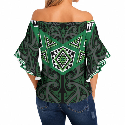 New Zealand Aotearoa Off Shoulder Wrap Waist Top Green Taniko Art Maori Pattern