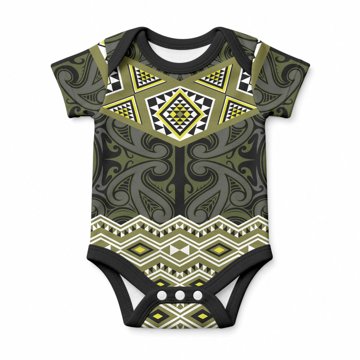 New Zealand Aotearoa Baby Onesie Yellow Taniko Art Maori Pattern