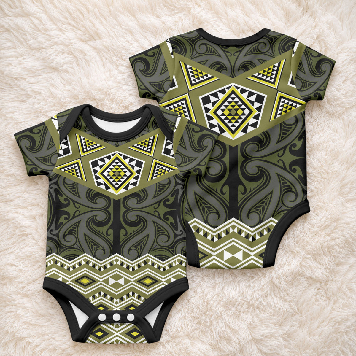 New Zealand Aotearoa Baby Onesie Yellow Taniko Art Maori Pattern