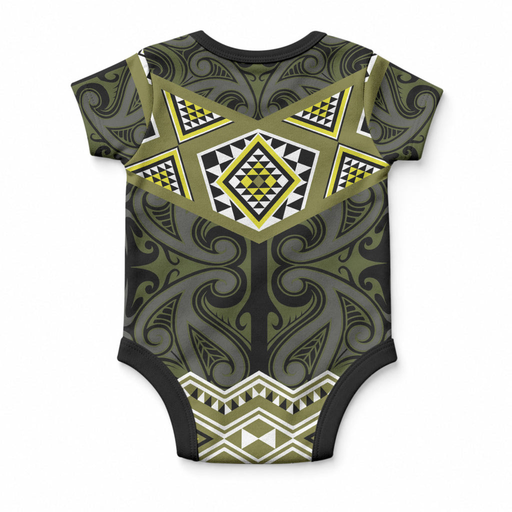 New Zealand Aotearoa Baby Onesie Yellow Taniko Art Maori Pattern