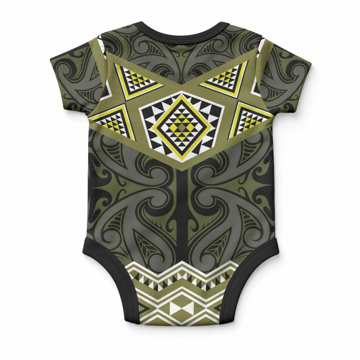 New Zealand Aotearoa Baby Onesie Yellow Taniko Art Maori Pattern