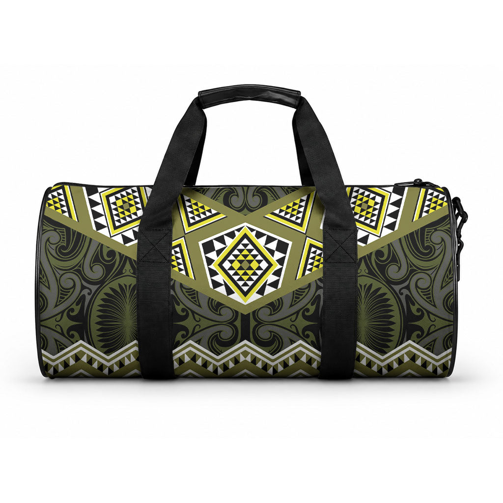 New Zealand Aotearoa Duffle Bag Yellow Taniko Art Maori Pattern
