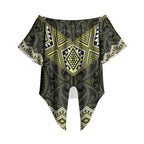 New Zealand Aotearoa Off Shoulder Wrap Waist Top Yellow Taniko Art Maori Pattern