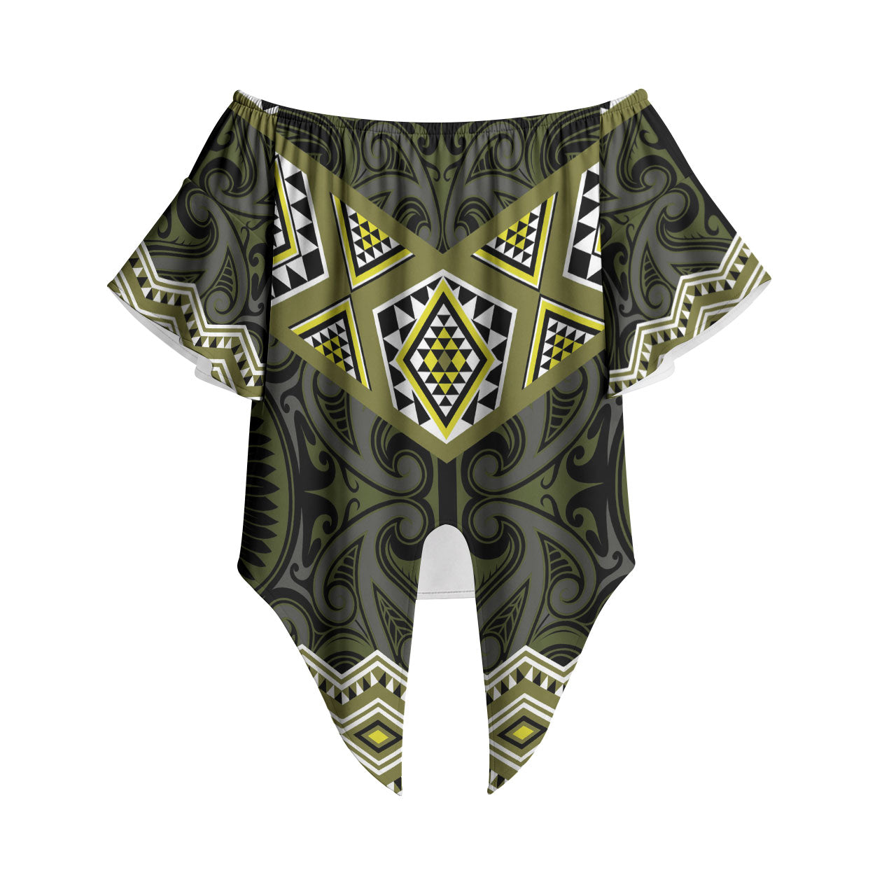 New Zealand Aotearoa Off Shoulder Wrap Waist Top Yellow Taniko Art Maori Pattern