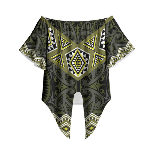 New Zealand Aotearoa Off Shoulder Wrap Waist Top Yellow Taniko Art Maori Pattern