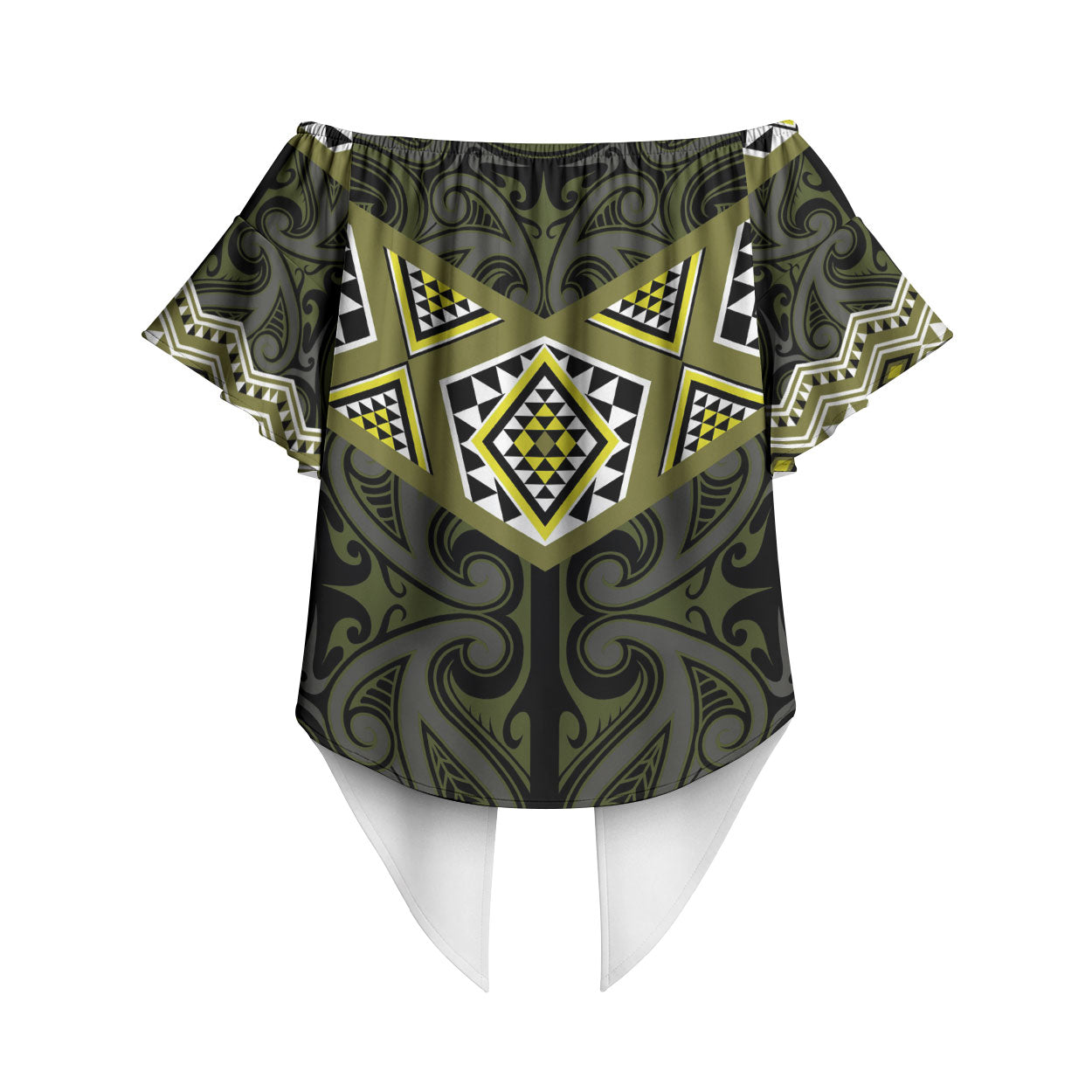 New Zealand Aotearoa Off Shoulder Wrap Waist Top Yellow Taniko Art Maori Pattern