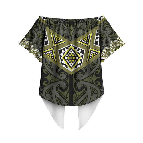 New Zealand Aotearoa Off Shoulder Wrap Waist Top Yellow Taniko Art Maori Pattern