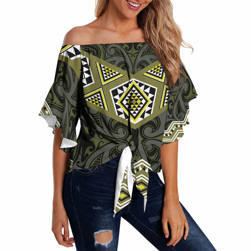 New Zealand Aotearoa Off Shoulder Wrap Waist Top Yellow Taniko Art Maori Pattern