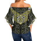 New Zealand Aotearoa Off Shoulder Wrap Waist Top Yellow Taniko Art Maori Pattern
