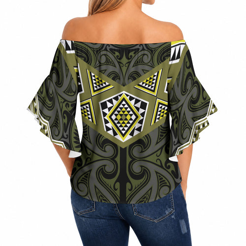 New Zealand Aotearoa Off Shoulder Wrap Waist Top Yellow Taniko Art Maori Pattern