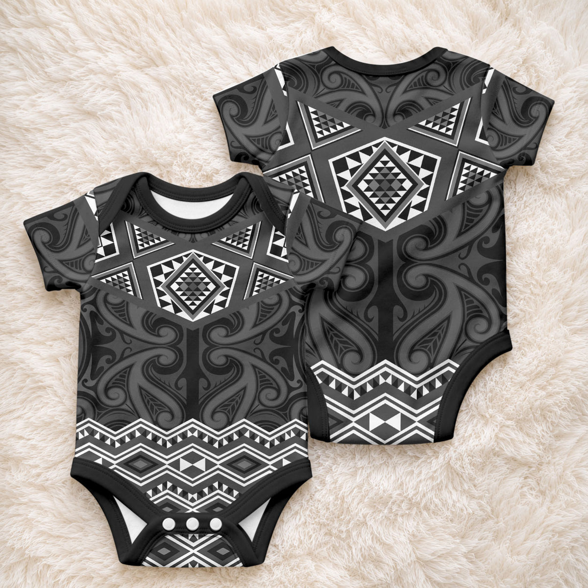 New Zealand Aotearoa Baby Onesie Black Taniko Art Maori Pattern