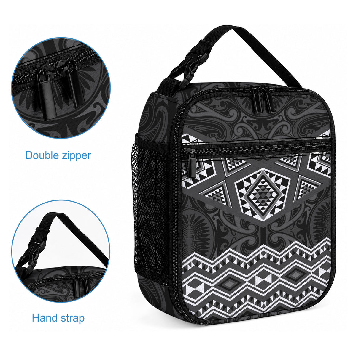 New Zealand Aotearoa Lunch Bag Black Taniko Art Maori Pattern
