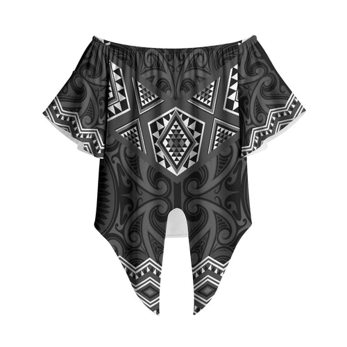 New Zealand Aotearoa Off Shoulder Wrap Waist Top Black Taniko Art Maori Pattern