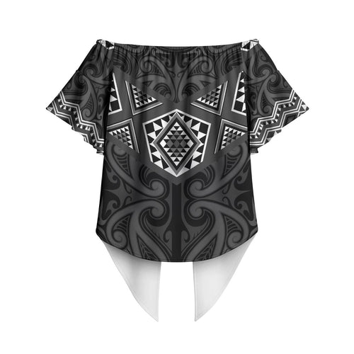 New Zealand Aotearoa Off Shoulder Wrap Waist Top Black Taniko Art Maori Pattern