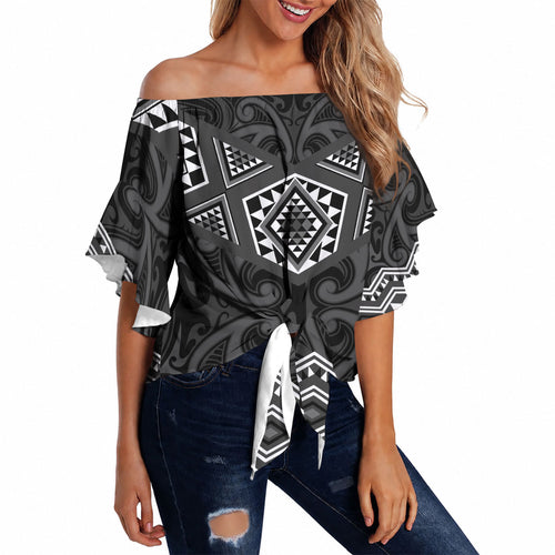 New Zealand Aotearoa Off Shoulder Wrap Waist Top Black Taniko Art Maori Pattern