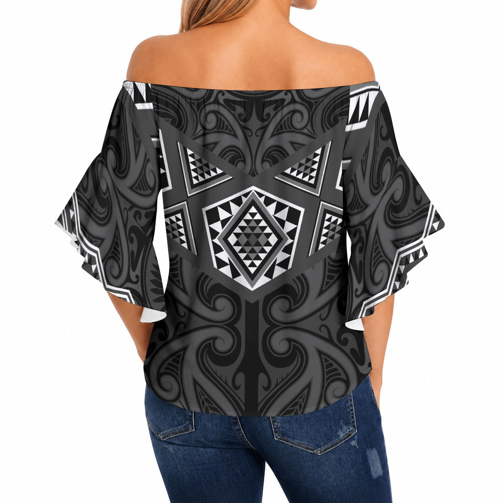 New Zealand Aotearoa Off Shoulder Wrap Waist Top Black Taniko Art Maori Pattern
