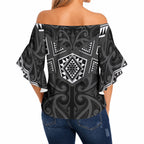 New Zealand Aotearoa Off Shoulder Wrap Waist Top Black Taniko Art Maori Pattern
