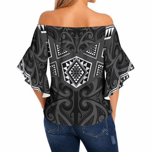 New Zealand Aotearoa Off Shoulder Wrap Waist Top Black Taniko Art Maori Pattern
