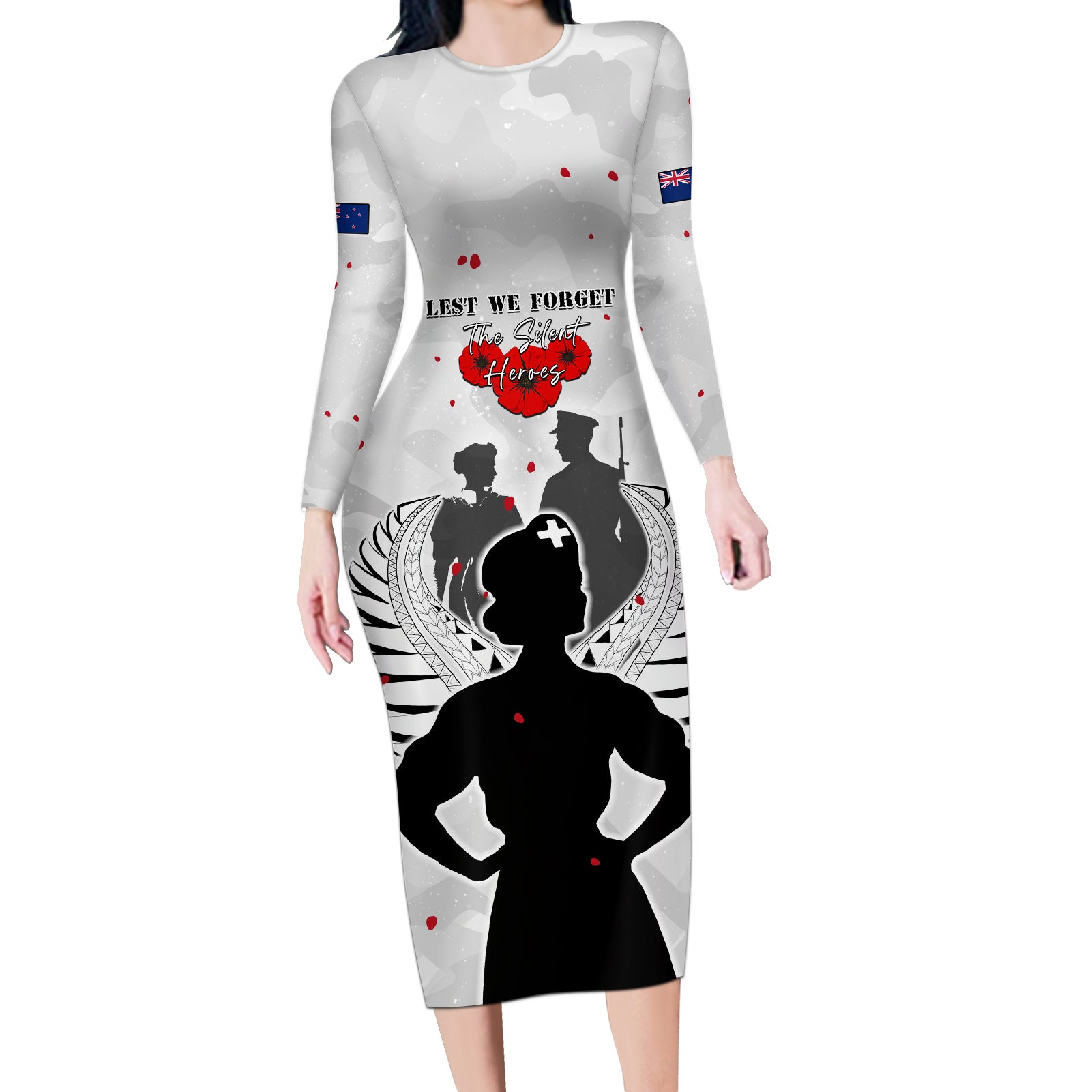 New Zealand ANZAC Day Long Sleeve Bodycon Dress For The Nurse Lest We Forget