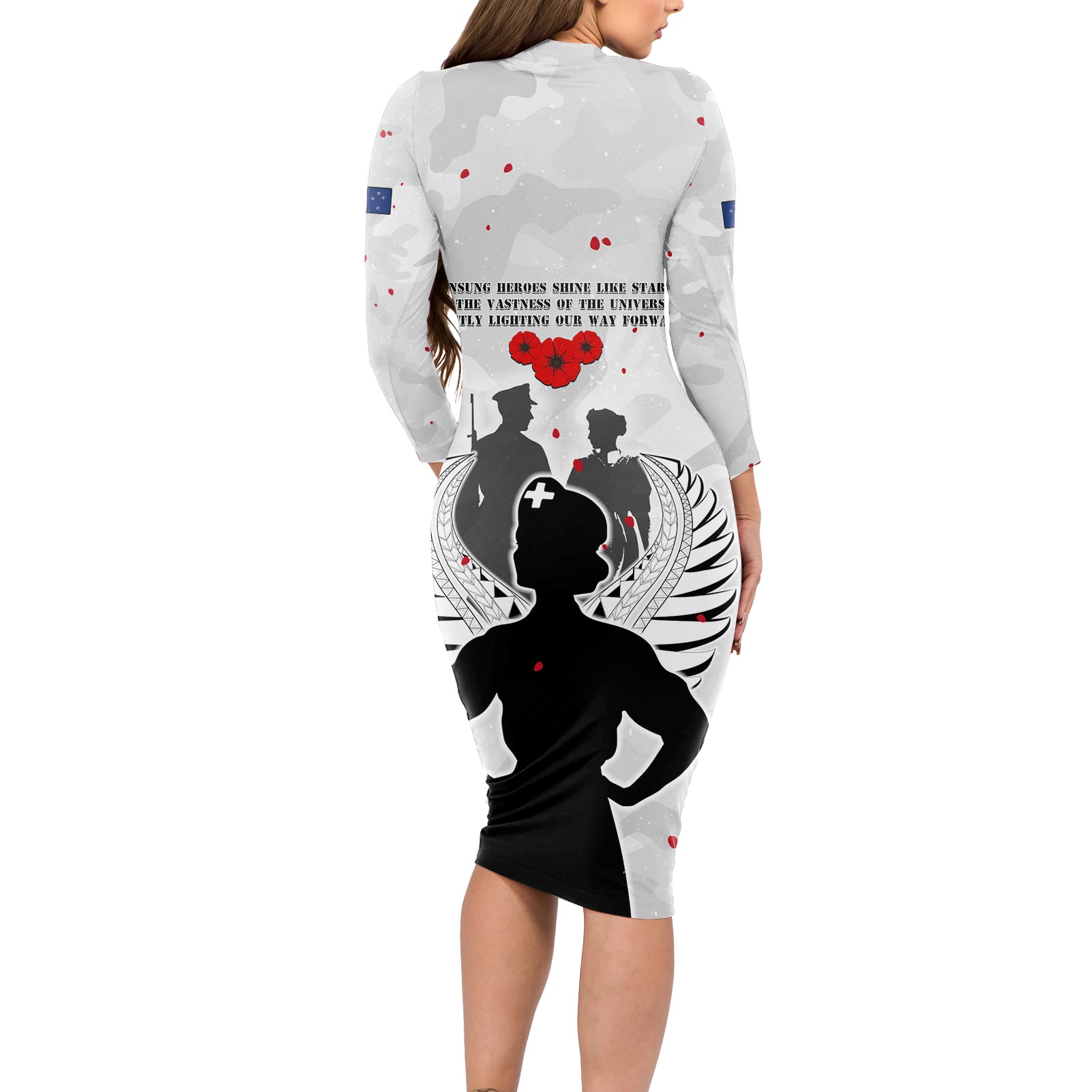 New Zealand ANZAC Day Long Sleeve Bodycon Dress For The Nurse Lest We Forget