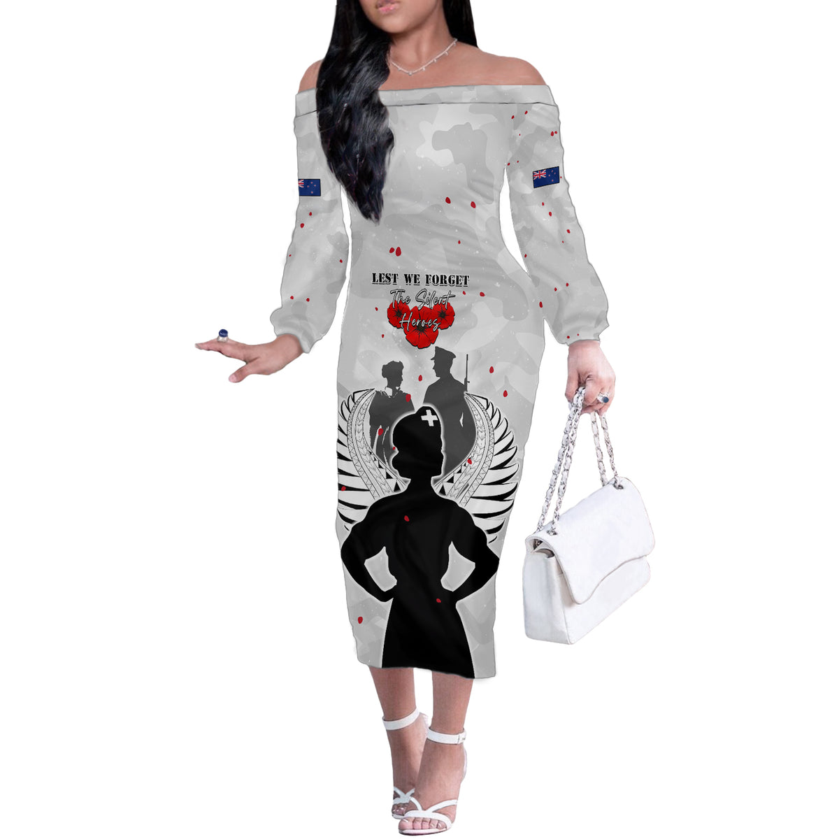 New Zealand ANZAC Day Off The Shoulder Long Sleeve Dress For The Nurse Lest We Forget