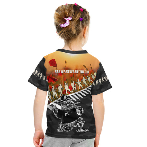 New Zealand ANZAC Rugby Kid T Shirt Soldier Fern With Kiwi Bird LT05