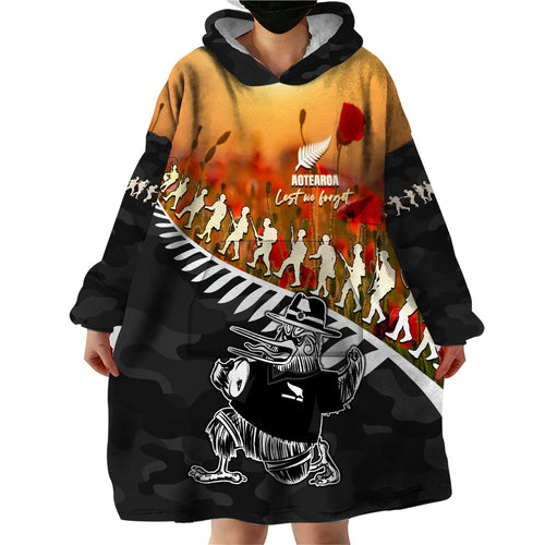 New Zealand ANZAC Rugby Wearable Blanket Hoodie Soldier Fern With Kiwi Bird LT05