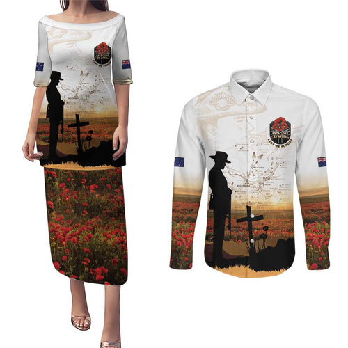 Australia And New Zealand ANZAC Day Couples Matching Puletasi and Long Sleeve Button Shirt Battle Of Beersheba