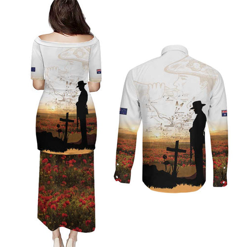 Australia And New Zealand ANZAC Day Couples Matching Puletasi and Long Sleeve Button Shirt Battle Of Beersheba