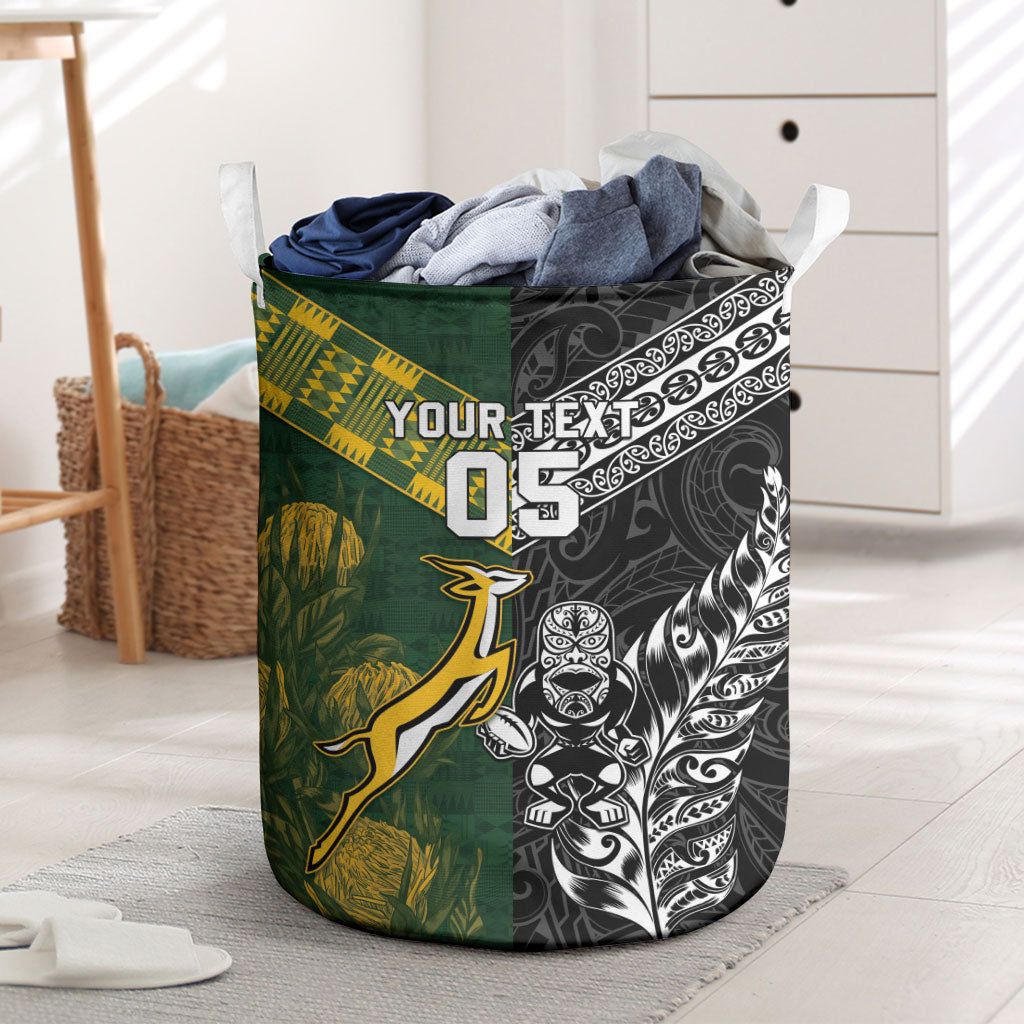 Custom Rugby New Zealand South Africa Laundry Basket Maori Tiki Springboks Together