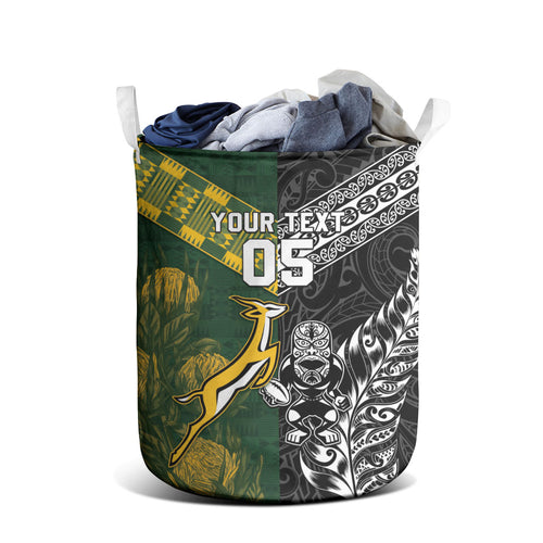 Custom Rugby New Zealand South Africa Laundry Basket Maori Tiki Springboks Together