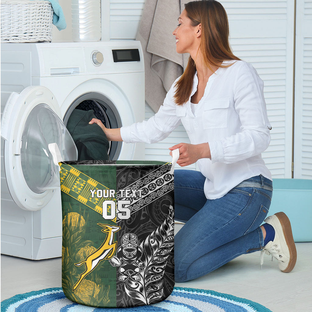 Custom Rugby New Zealand South Africa Laundry Basket Maori Tiki Springboks Together