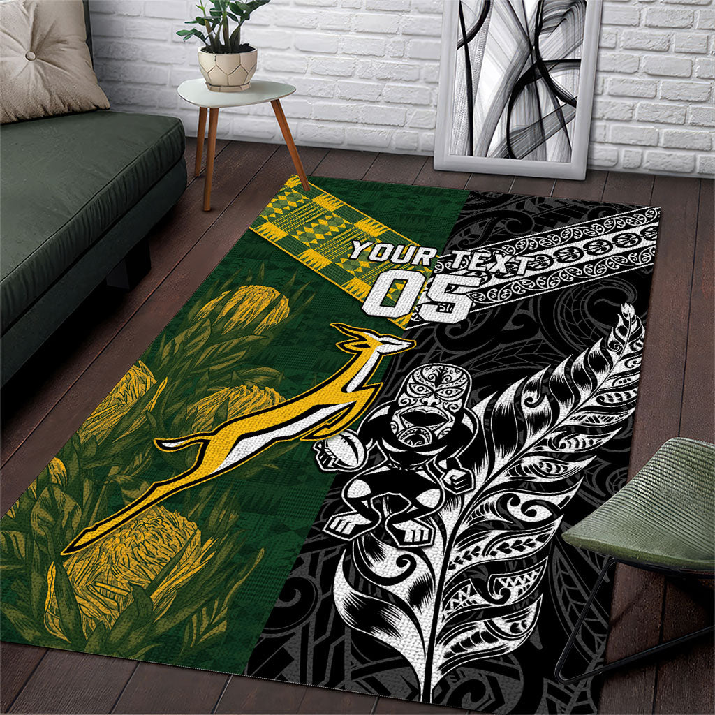 Custom Rugby New Zealand South Africa Area Rug Maori Tiki Springboks Together