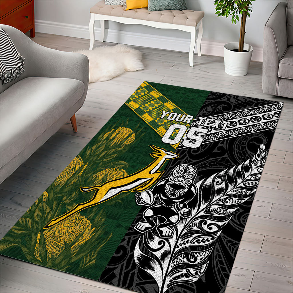 Custom Rugby New Zealand South Africa Area Rug Maori Tiki Springboks Together