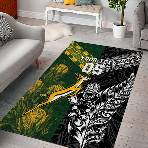 Custom Rugby New Zealand South Africa Area Rug Maori Tiki Springboks Together