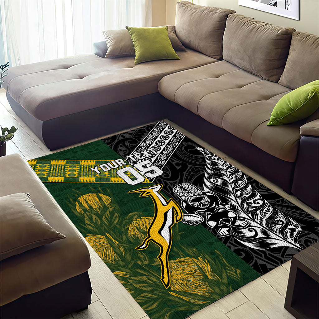 Custom Rugby New Zealand South Africa Area Rug Maori Tiki Springboks Together