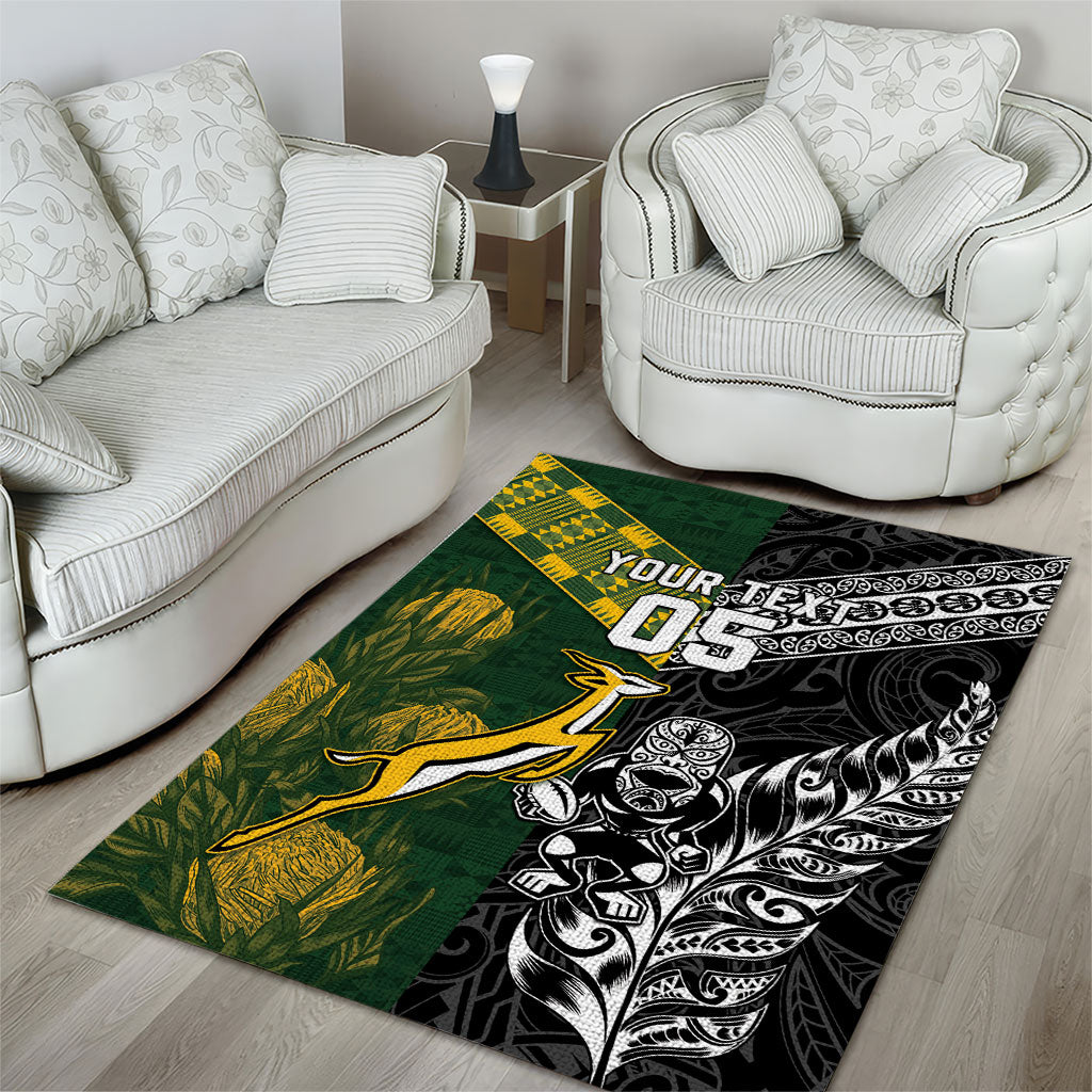Custom Rugby New Zealand South Africa Area Rug Maori Tiki Springboks Together