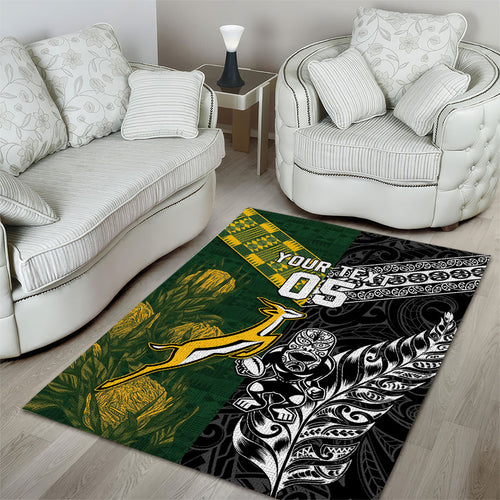Custom Rugby New Zealand South Africa Area Rug Maori Tiki Springboks Together
