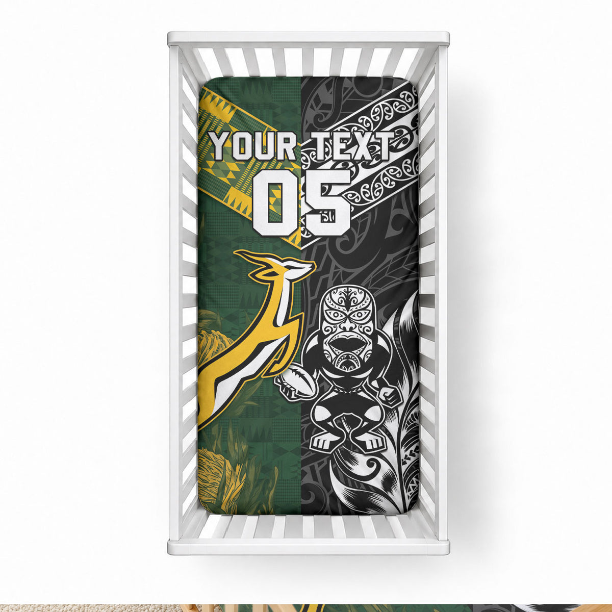 Custom Rugby New Zealand South Africa Baby Bed Cover Maori Tiki Springboks Together