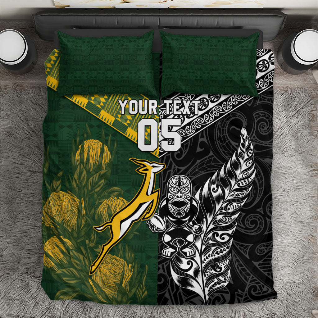 Custom Rugby New Zealand South Africa Bedding Set Maori Tiki Springboks Together