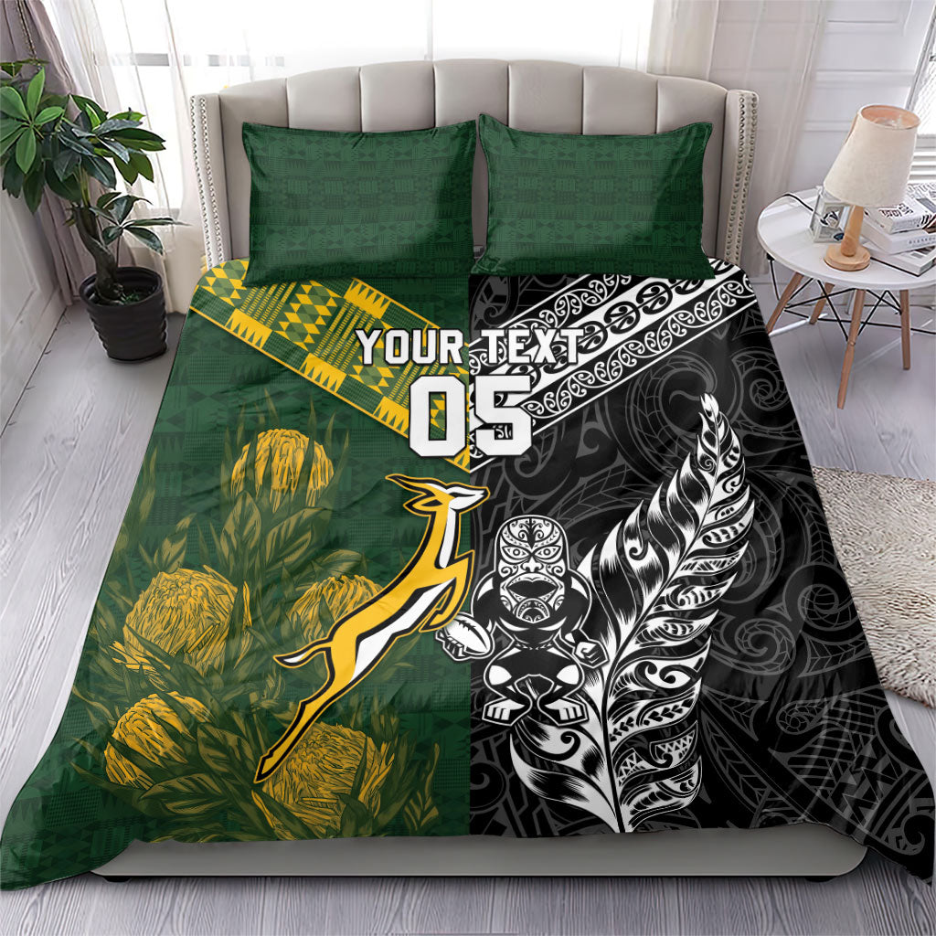 Custom Rugby New Zealand South Africa Bedding Set Maori Tiki Springboks Together