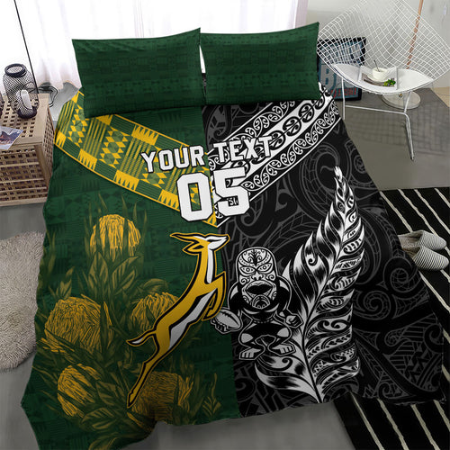 Custom Rugby New Zealand South Africa Bedding Set Maori Tiki Springboks Together