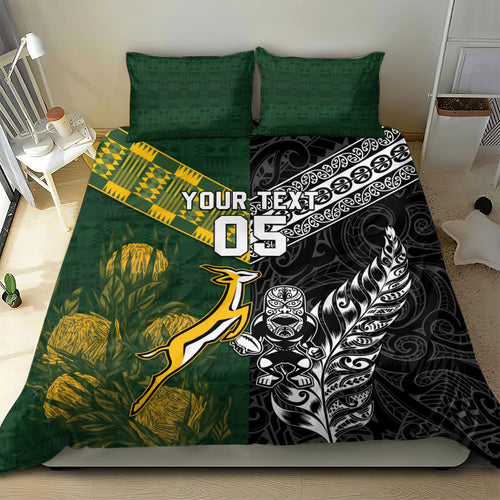Custom Rugby New Zealand South Africa Bedding Set Maori Tiki Springboks Together