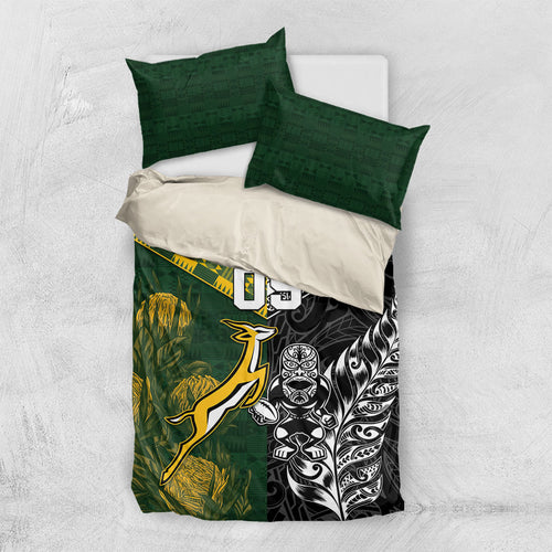 Custom Rugby New Zealand South Africa Bedding Set Maori Tiki Springboks Together