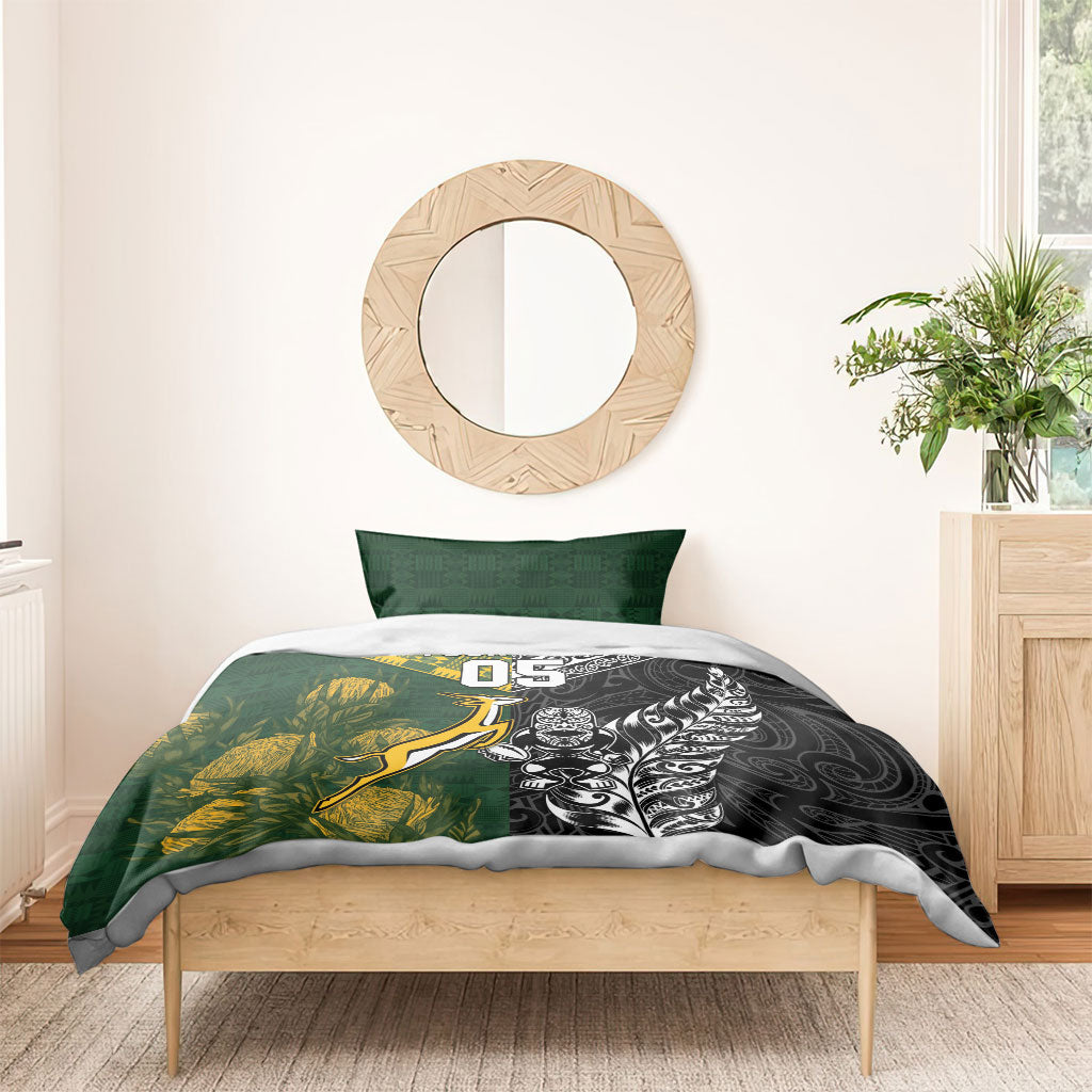 Custom Rugby New Zealand South Africa Bedding Set Maori Tiki Springboks Together