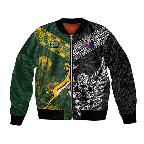Custom Rugby New Zealand South Africa Bomber Jacket Maori Tiki Springboks Together