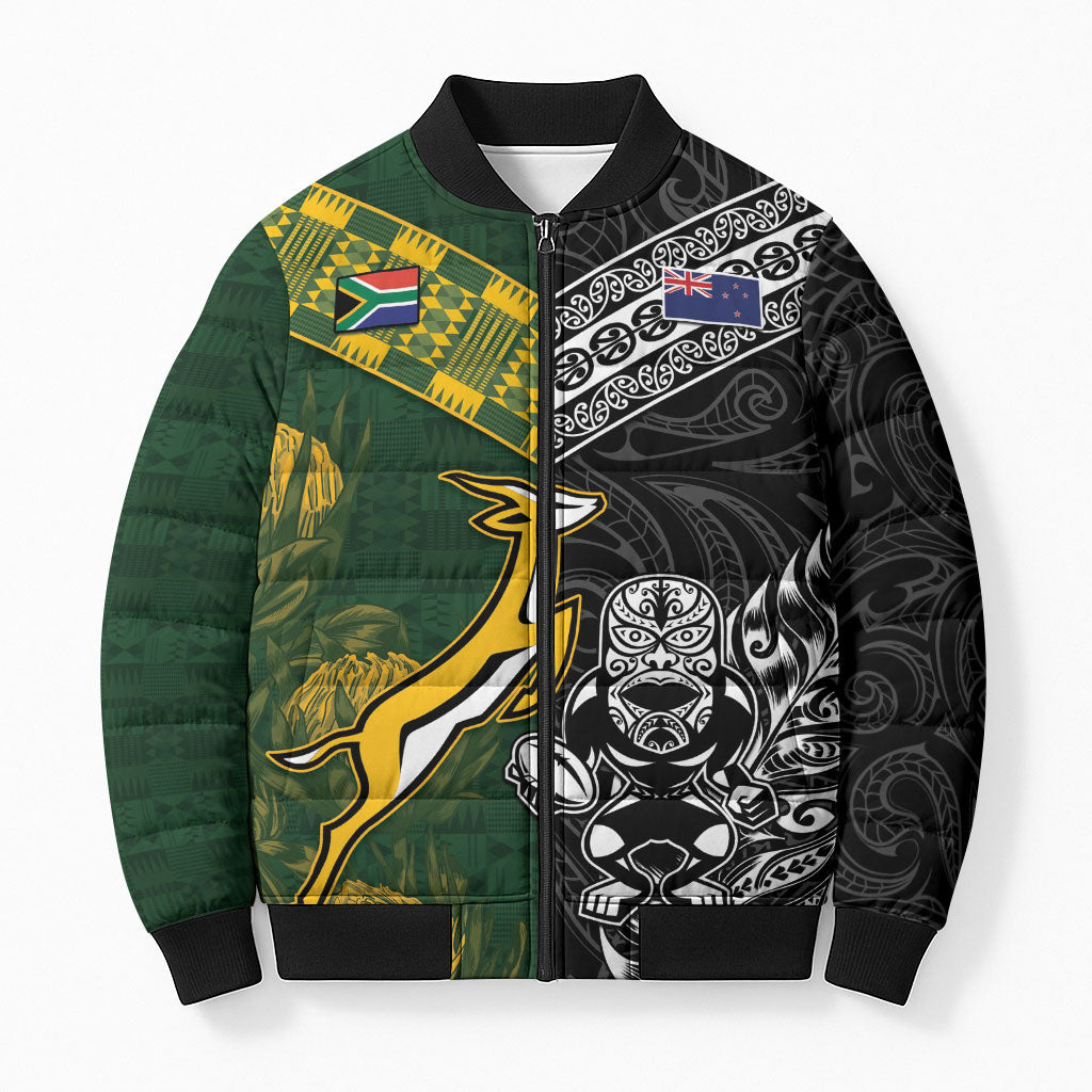 Custom Rugby New Zealand South Africa Bomber Puffer Jacket Maori Tiki Springboks Together